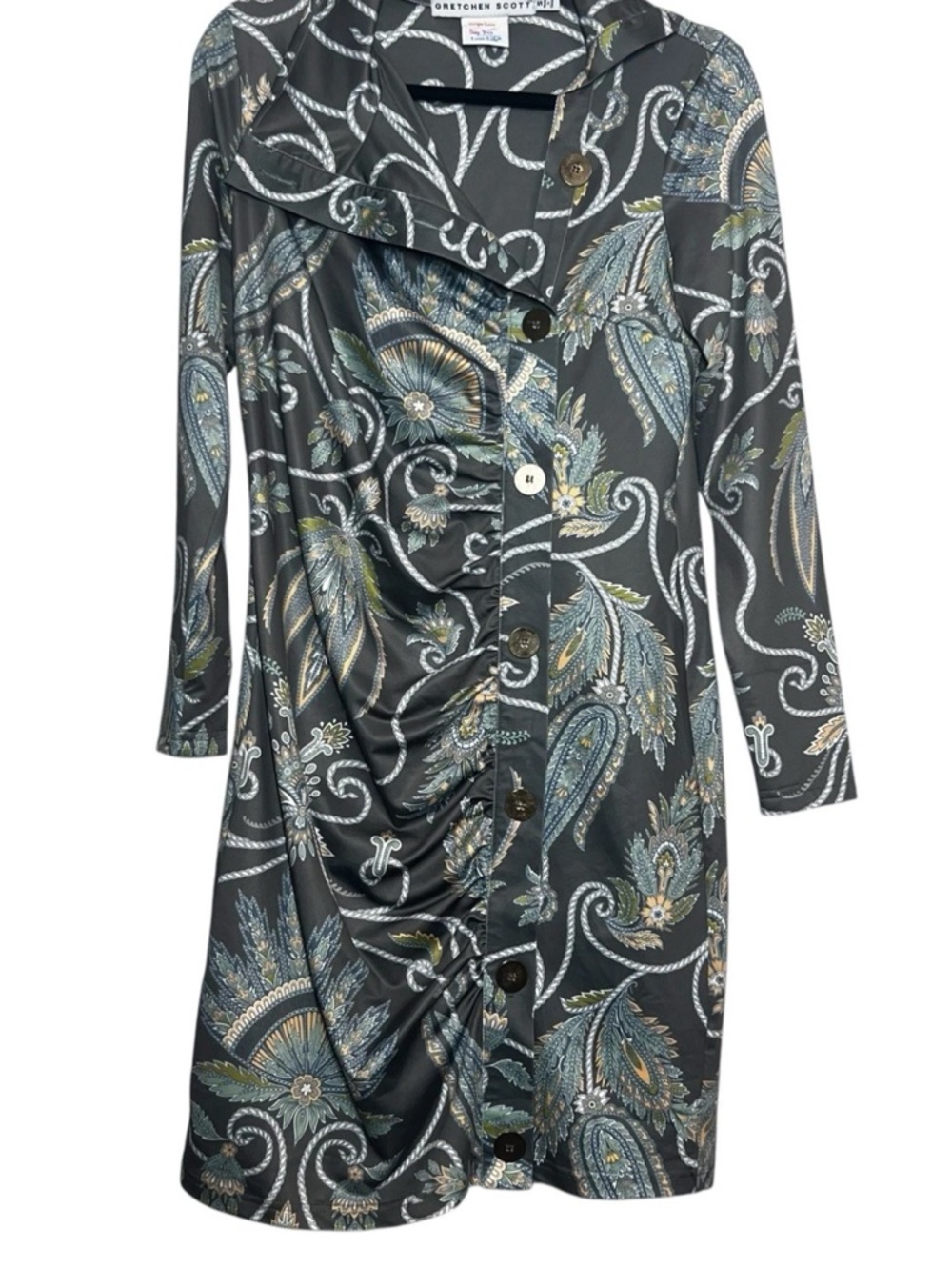 Gretchen Scott Designs Gray Paisley Button-Front Ruched Dress Size Medium